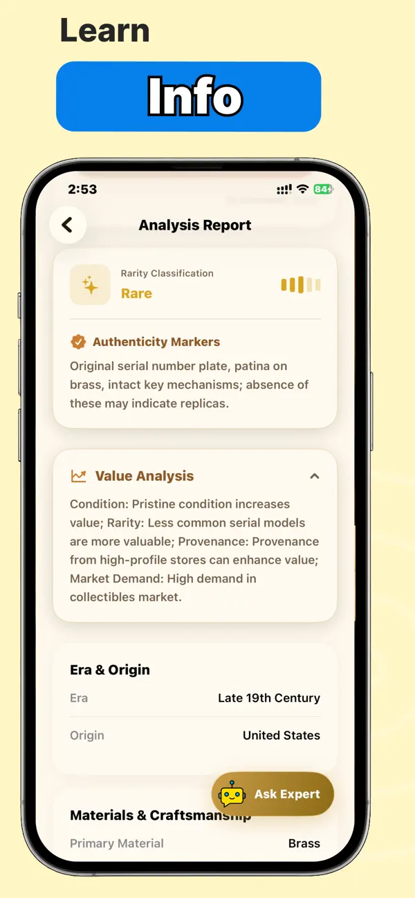 AntiqAI analysis report with rarity and value details